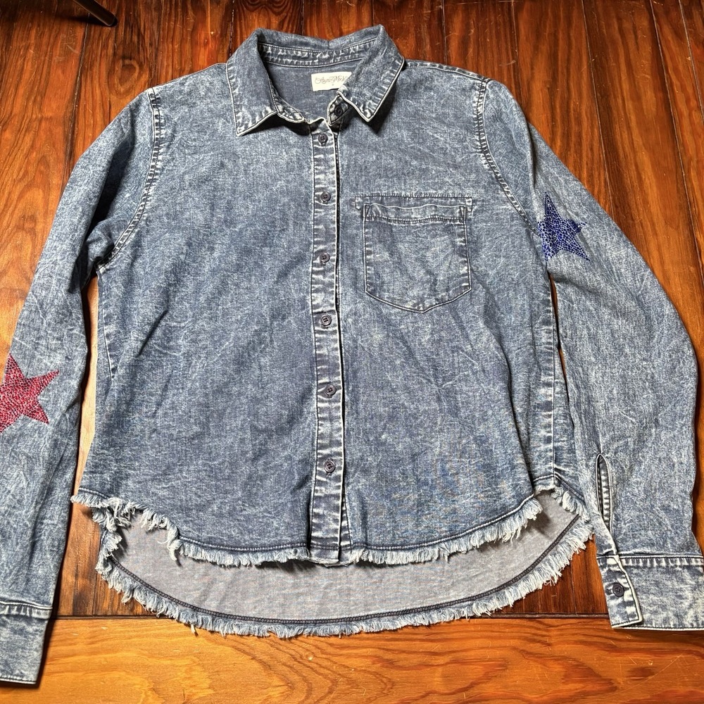 Lauren Moshi Acid Wash Denim Jean Star Crystal Embellished Raw Hem Top S A1853